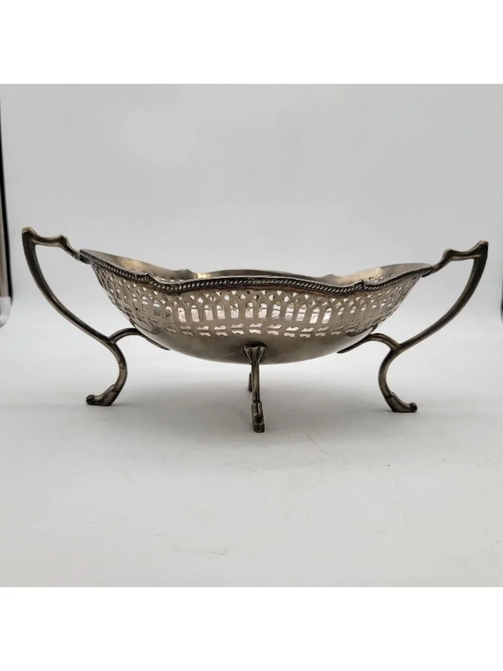 Antique Silver-Plated Reticulated Cake Basket With Scalloped Edges & Ornate Hand